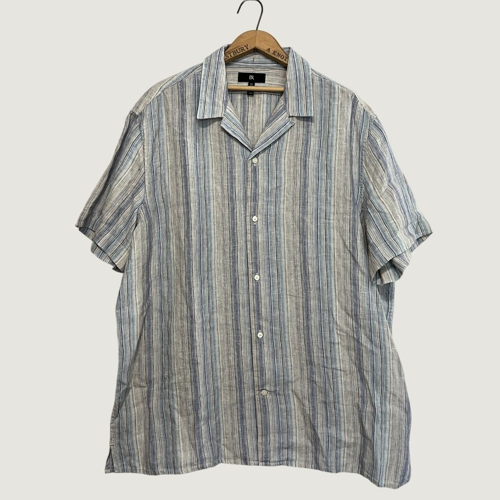 Banana Republic Mens XXL Tall Linen Striped Resort Shirt Blue Short Sleeve